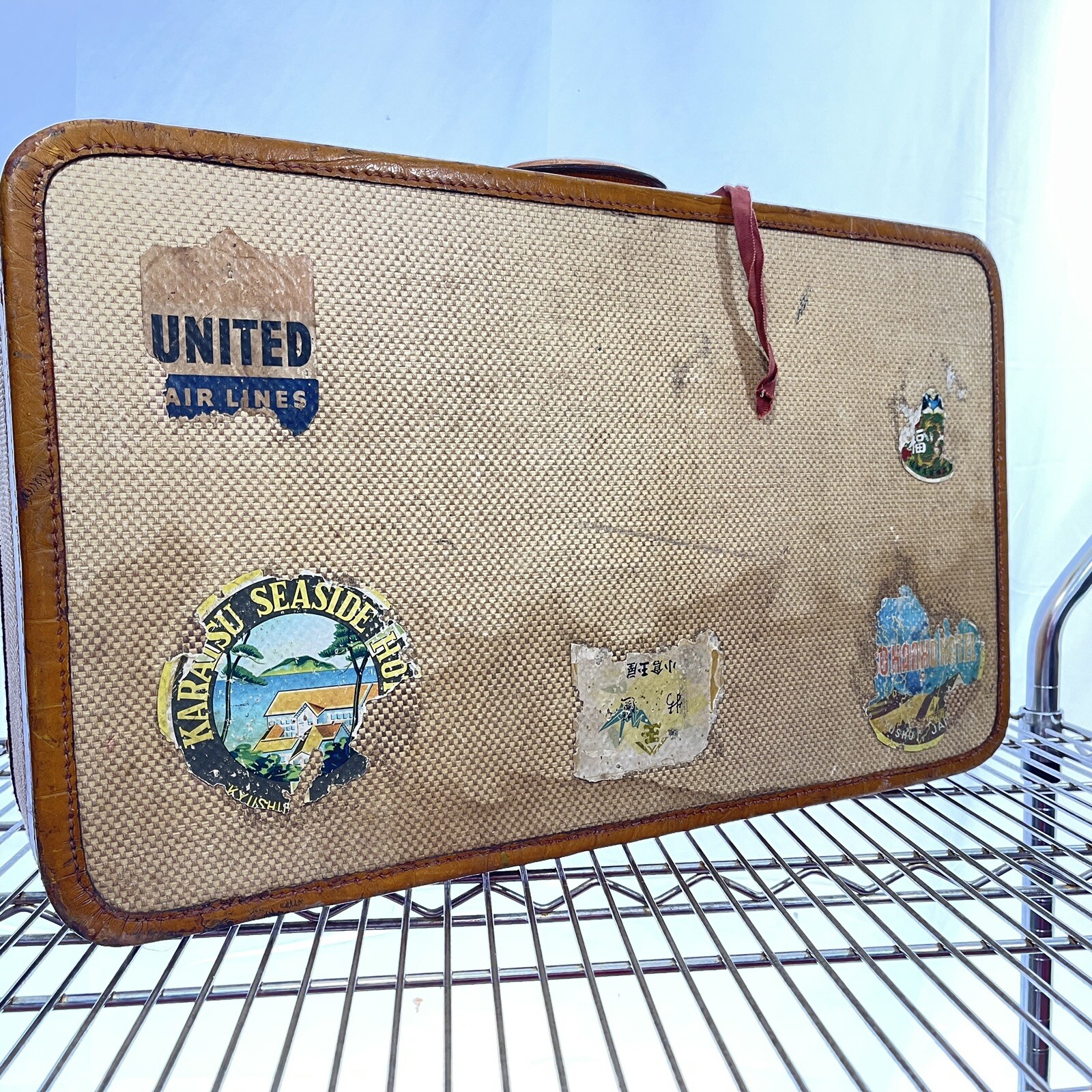 Antique Luggage Suitcase With Travel Stickers 24 X 14 Large Case Decor Storage