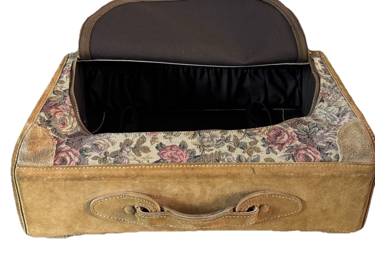 Vintage French Luggage Co Floral Rose Tapestry & Suede Leather Suitcase
