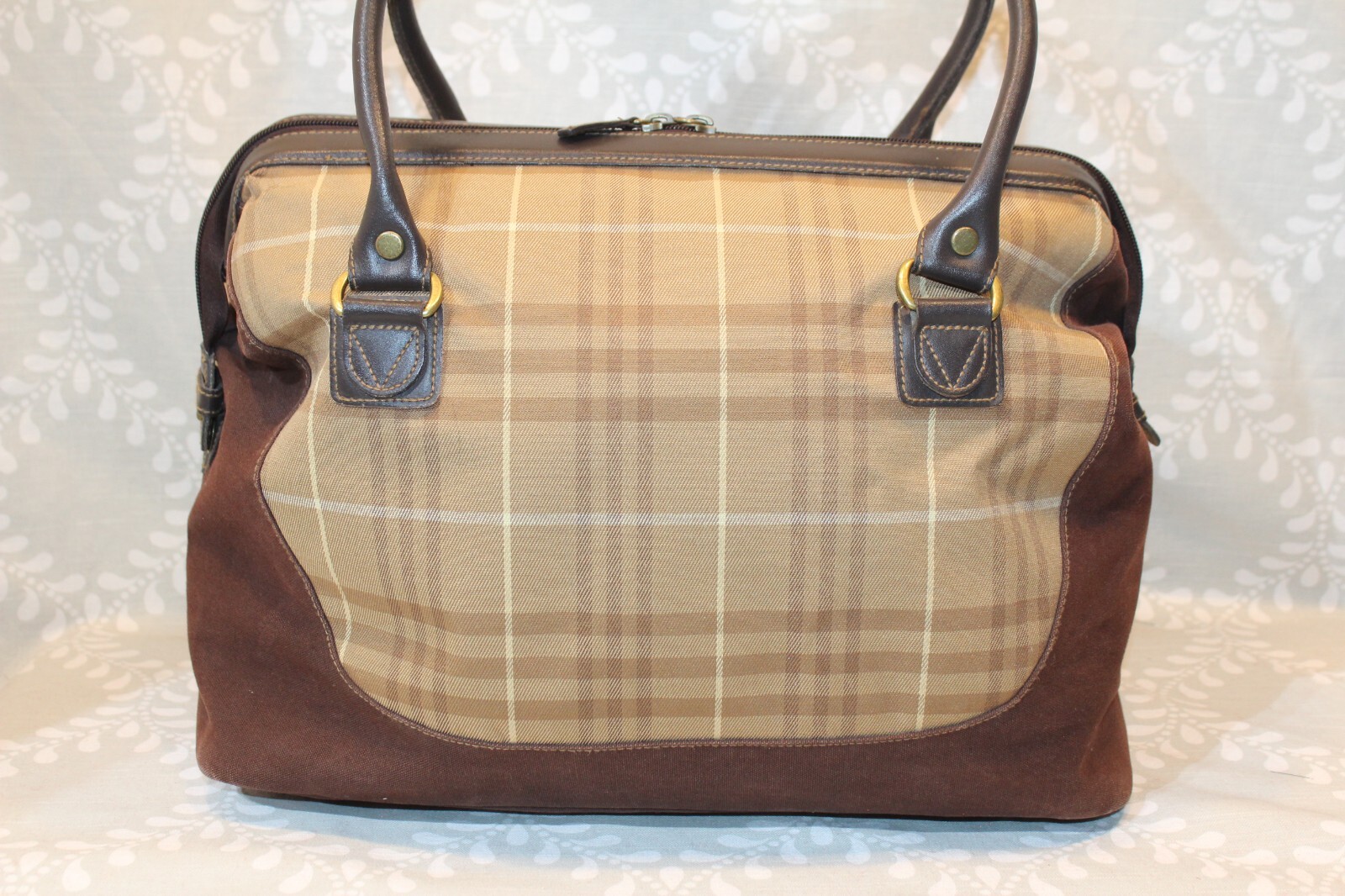 Vintage Eddie Bauer Brown Plaid Canvas & Leather Travel Duffle Satchel Bag