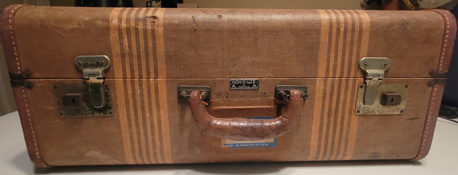 Vintage Mon-O-Lite by Crown Luggage Suitcase Trane Case tweed striped 1940s