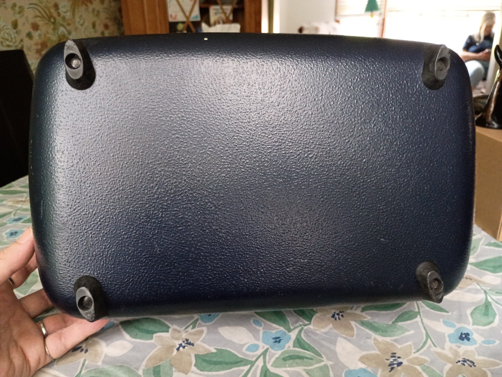 Vtg American Tourister Cosmetic Travel Train Case Navy Blue Hard Shell Mirror