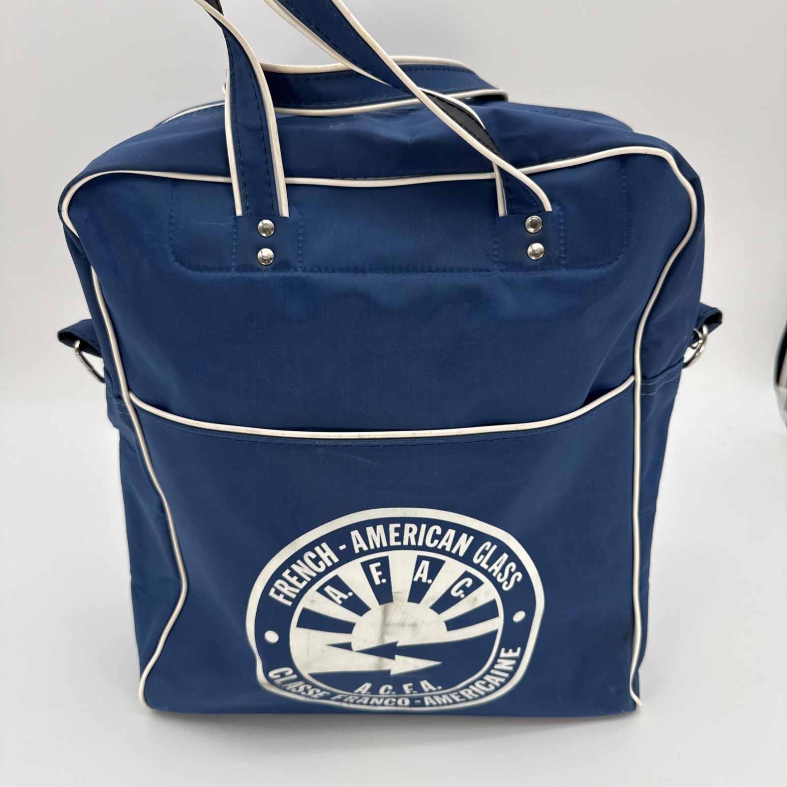 vintage 1970s 1980s French-American Class Vinyl Travel Luggage Carry On Bag Blue