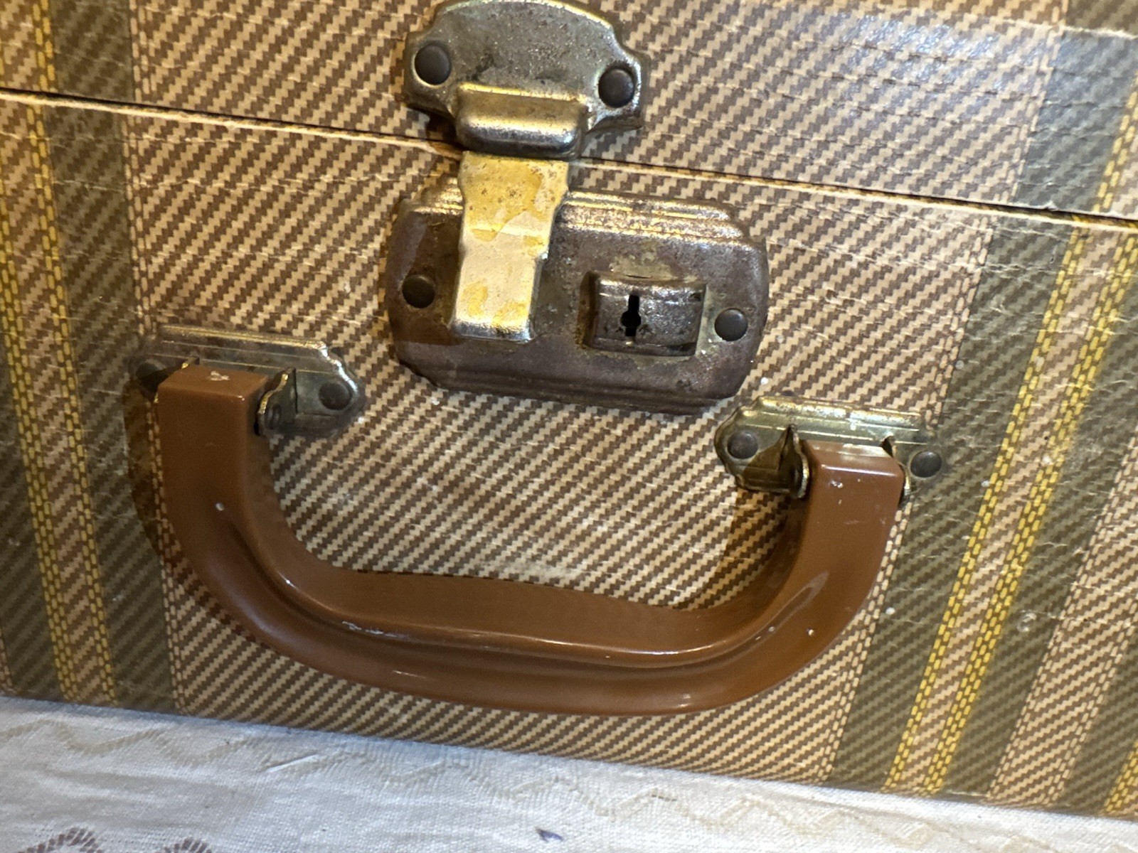 Suitcase Vintage Large Tweed Brown Stripe NO Key