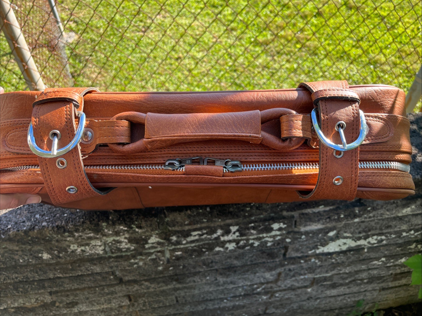 Vintage Tan Faux Leather Suitcase – 22” Retro Carry On Case W/ Buckles See Pics