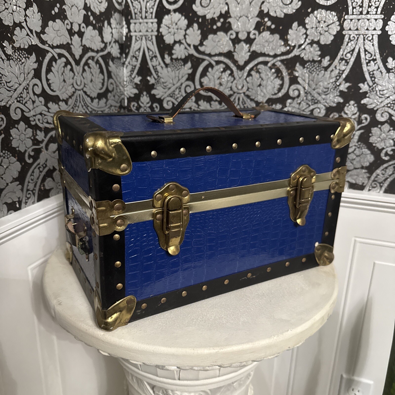 Vintage Buxton Royal Blue Faux Crocodile & Brass Small Travel Trunk
