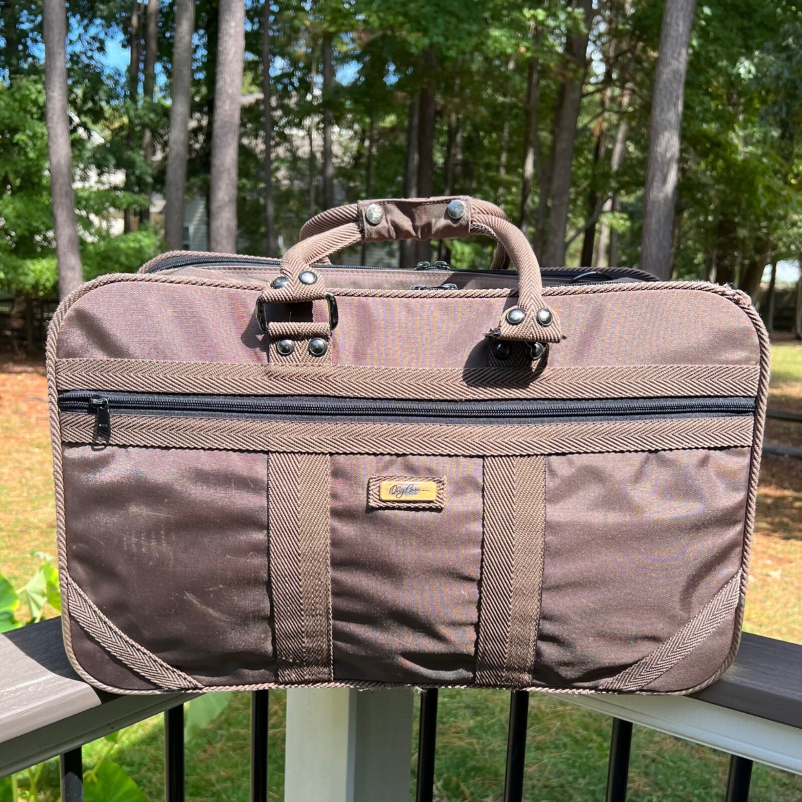 Oleg Cassini 1990s Vintage Nylon Foldiable Suitcase Brown Foldable 21”X13”X8.5”