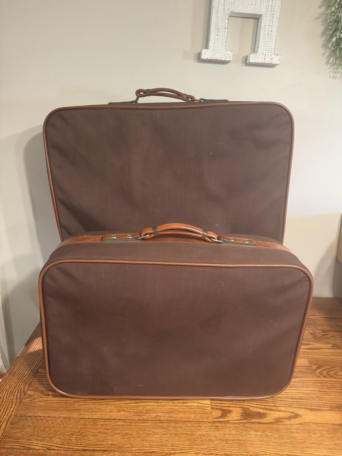 Vtg 70s Brown Suitcase Luggage 2-Pc Set Leather Handle Scovil Zipper
