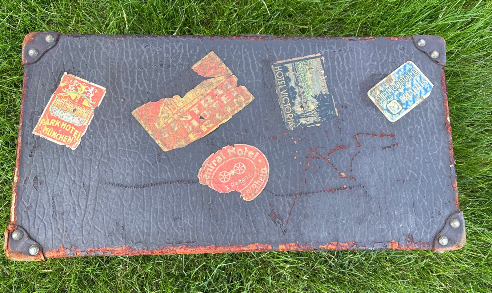 Antique Suitcase Circa 1900-1920 With Original Keys Leather Straps Stickers