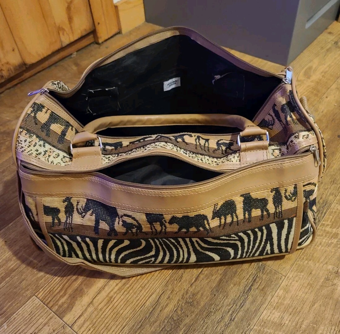 Vintage Pioneer Express Safari Print Carry On Luggage Duffle Weekender Travel.