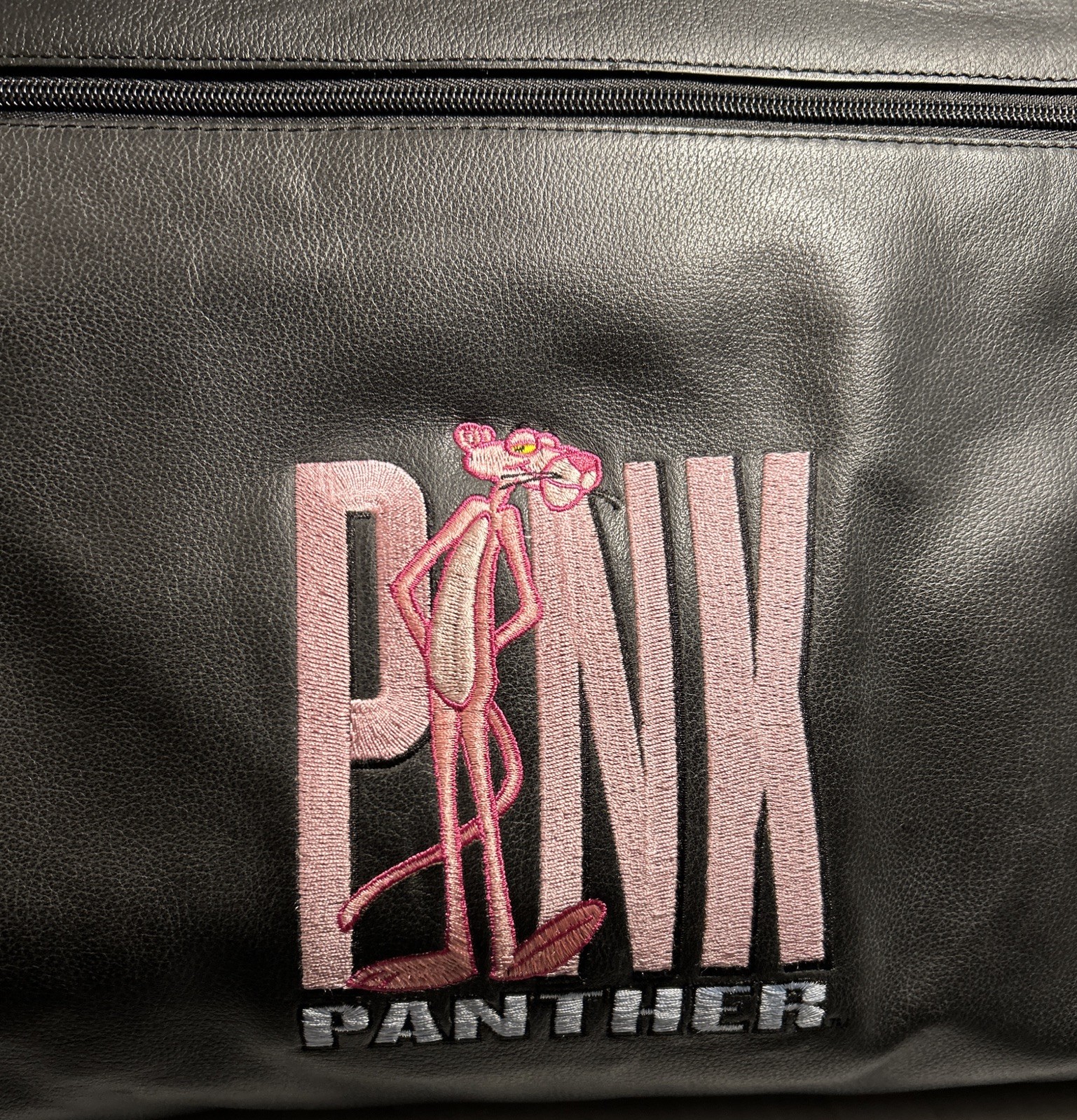 Vintage 1990’s Large Pink Panther Logo Black Leather Duffle Bag