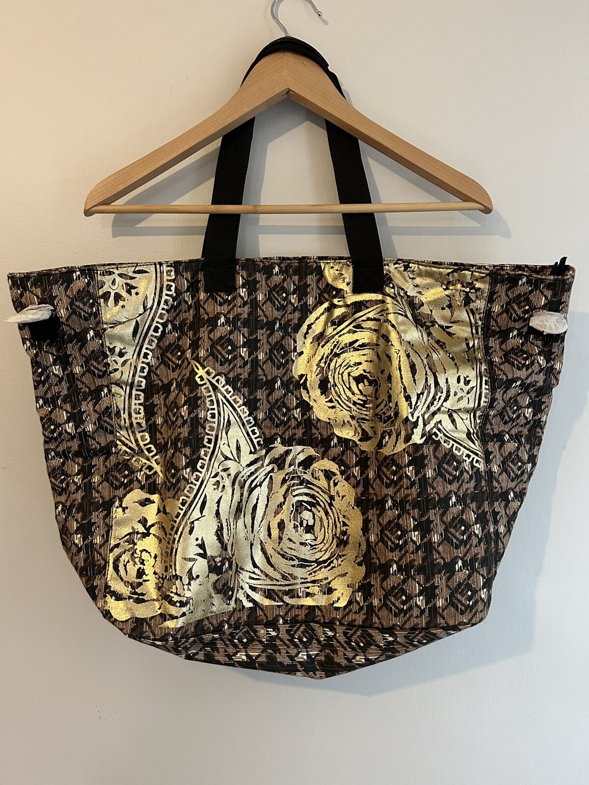 Gold Brown Bronze Weekender Tote Shoulder Floral Canvas Luggage Carry On Large