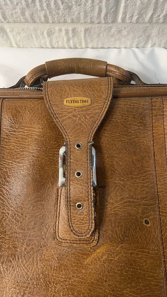 Vintage Flying Time Brown Leather Suitcase With Keys