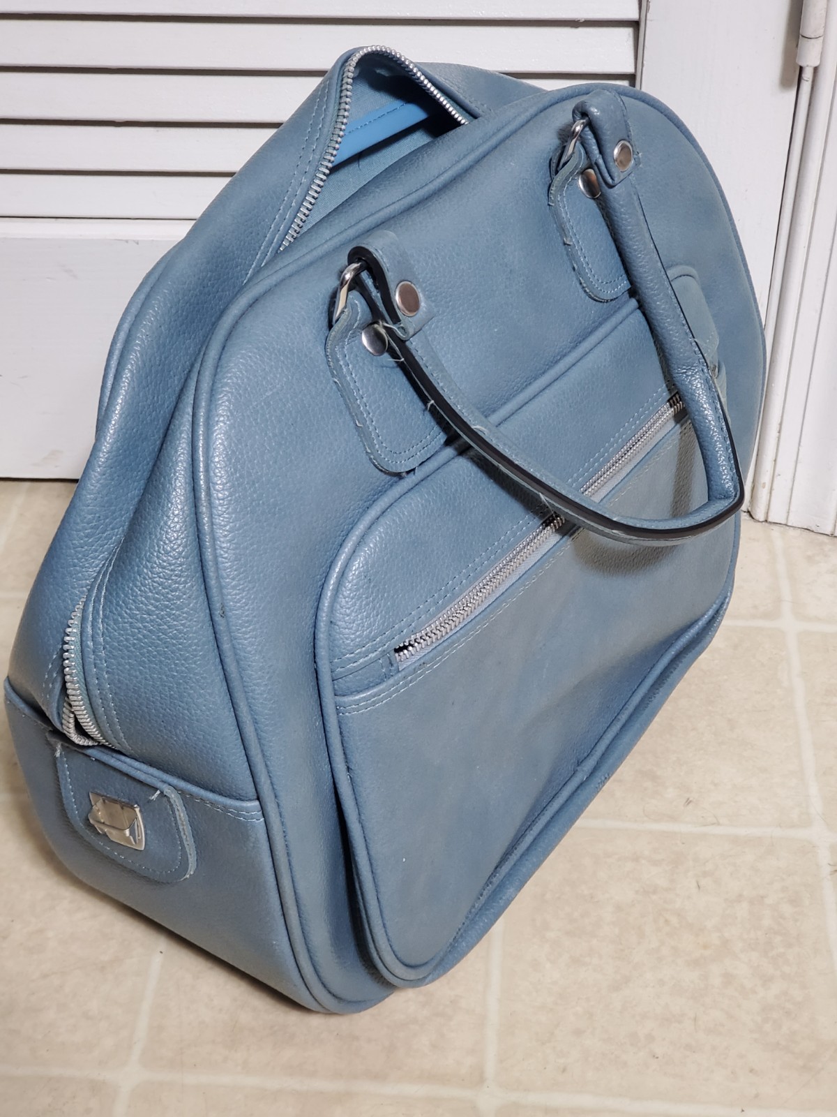 Vintage Slate Blue Faux Leather Purse Carry-On Travel Products Bag Made In Korea