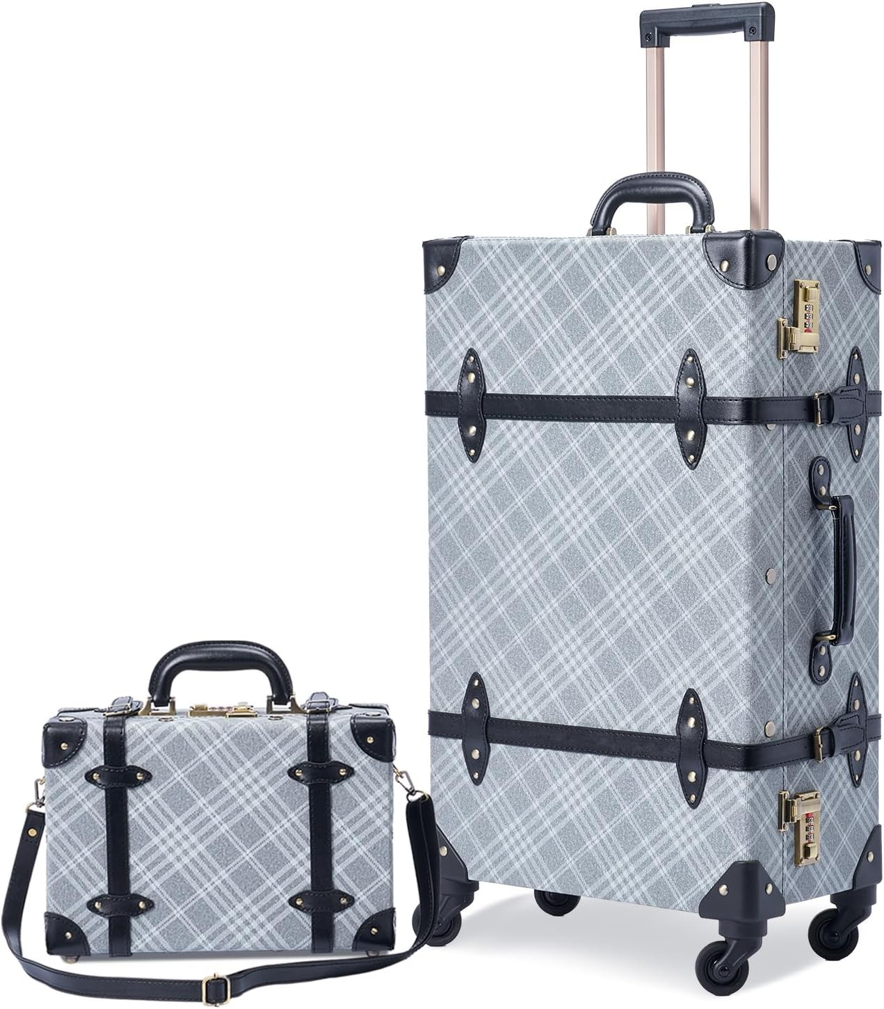 2-Piece Vintage Luggage Set, 26″ PU Leather Retro Suitcase with Cosmetic Handbag