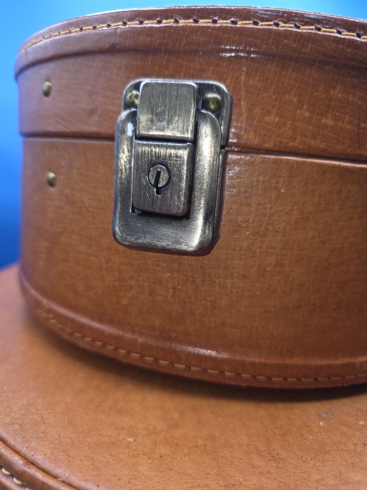 Vintage French Nesting Hat Box Suitcases 1950s Tan Leather Train Cases Set of 2