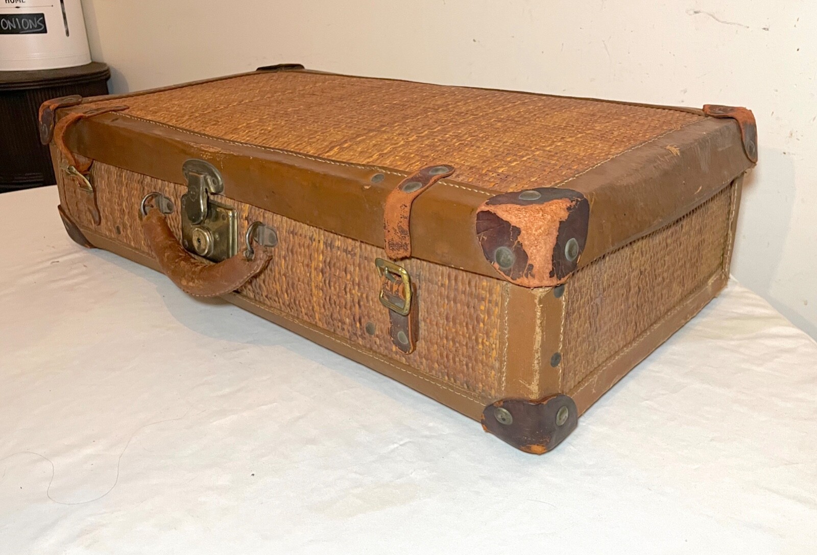 rare antique 19th century handmade woven wicker leather brass travel suitcase
