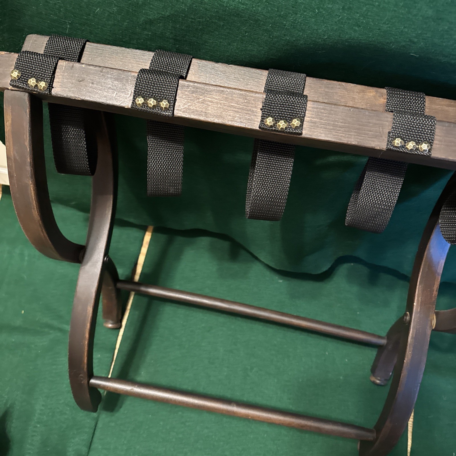Vintage Wood Luggage Suitcase MCM Folding Rack Stand Canvas Strap Hotel Bed Room