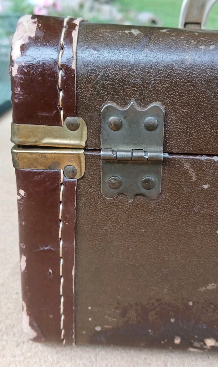 Canvas Covered Hard Brown Travel Train Case Leather Handle No Key Worn VtgDecor