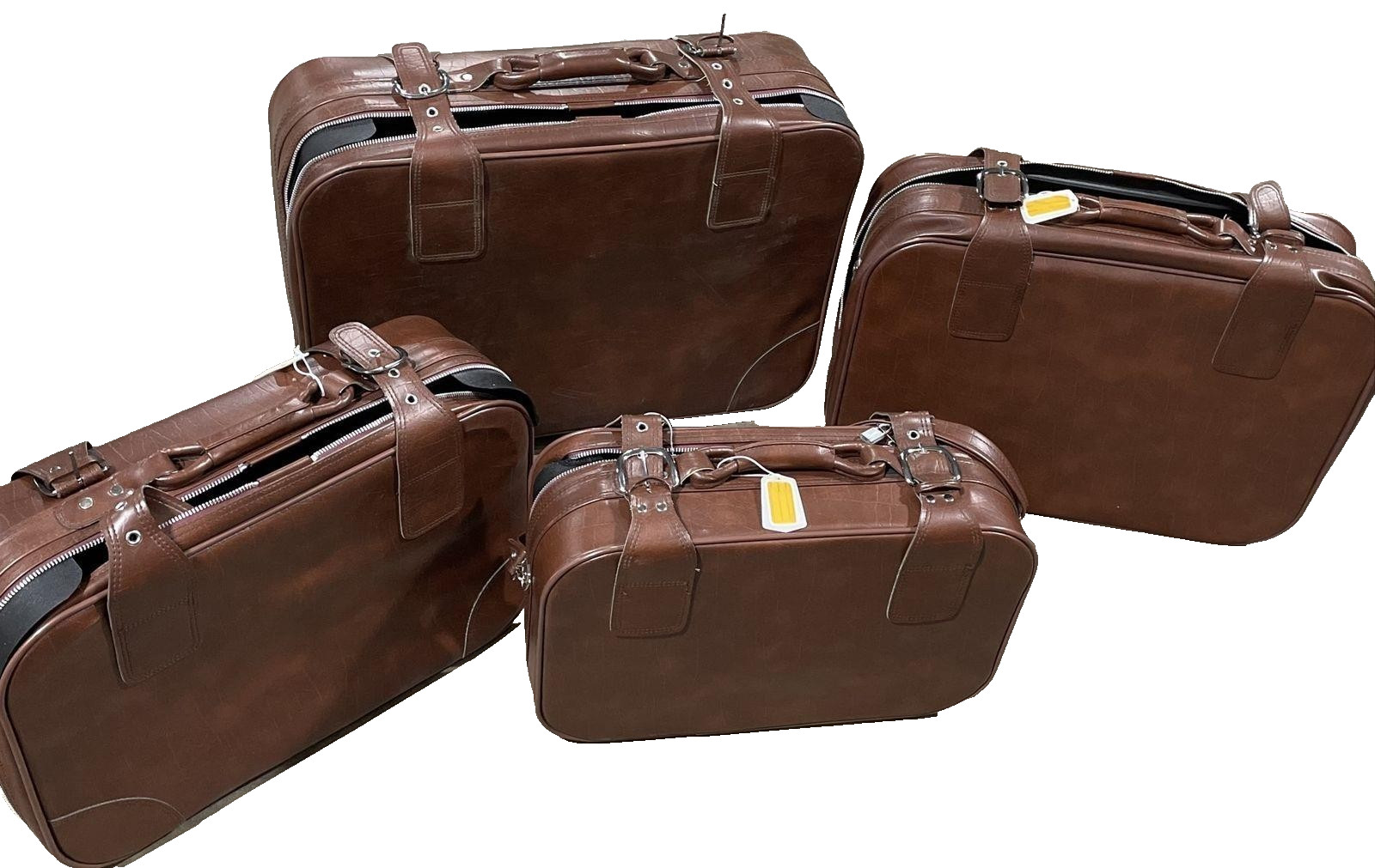 Vintage Brown Faux Leather Suitcase 4 Piece Luggage Set Stackable locks keys