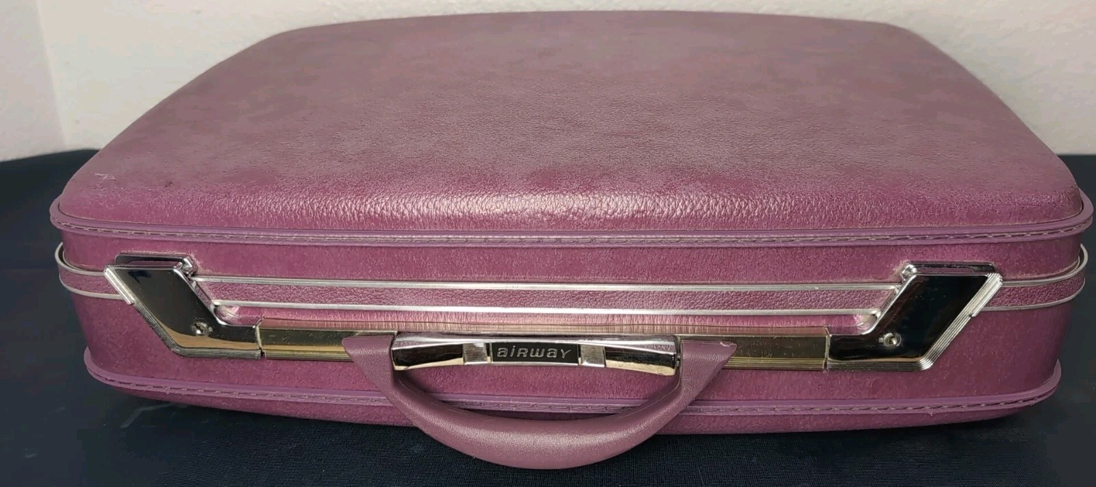 Vintage Airway Hard Shell Purple Suitcase Luggage Chrome Accents Pink Lining