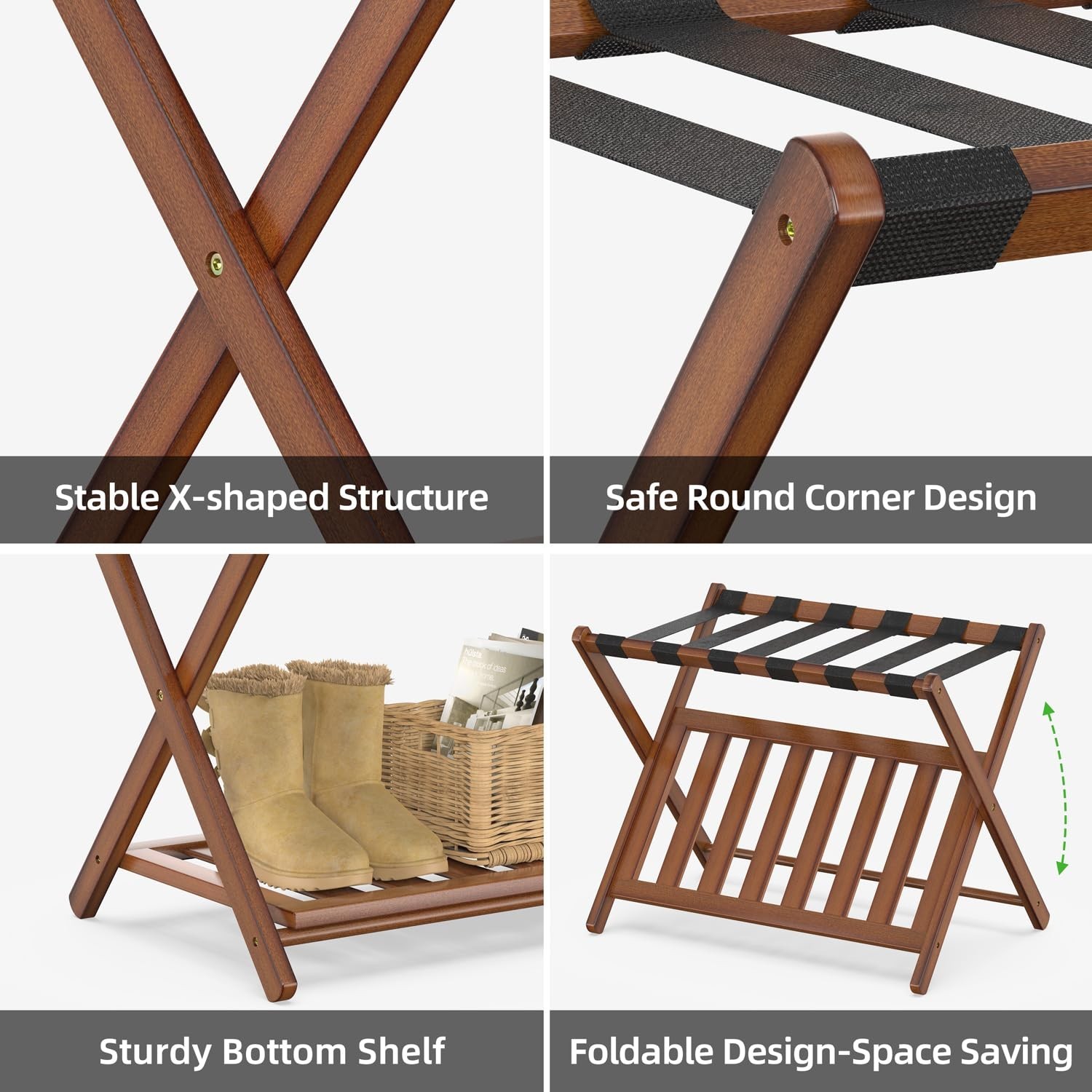 2 Pack Bamboo Luggage Rack for Guest Room, 26.77″ Folding Wide Suitcase Stand…