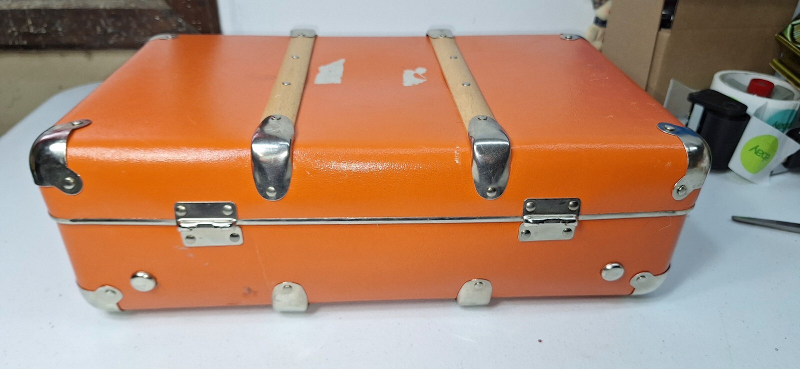 Vtg Orange Luggage Over Night Suitcase 14x9x5 Pressed Cardboard