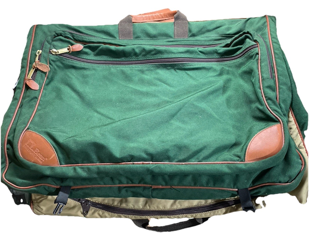 Vintage L.L. Bean Cotton Canvas Leather Trim Garment Bag Green