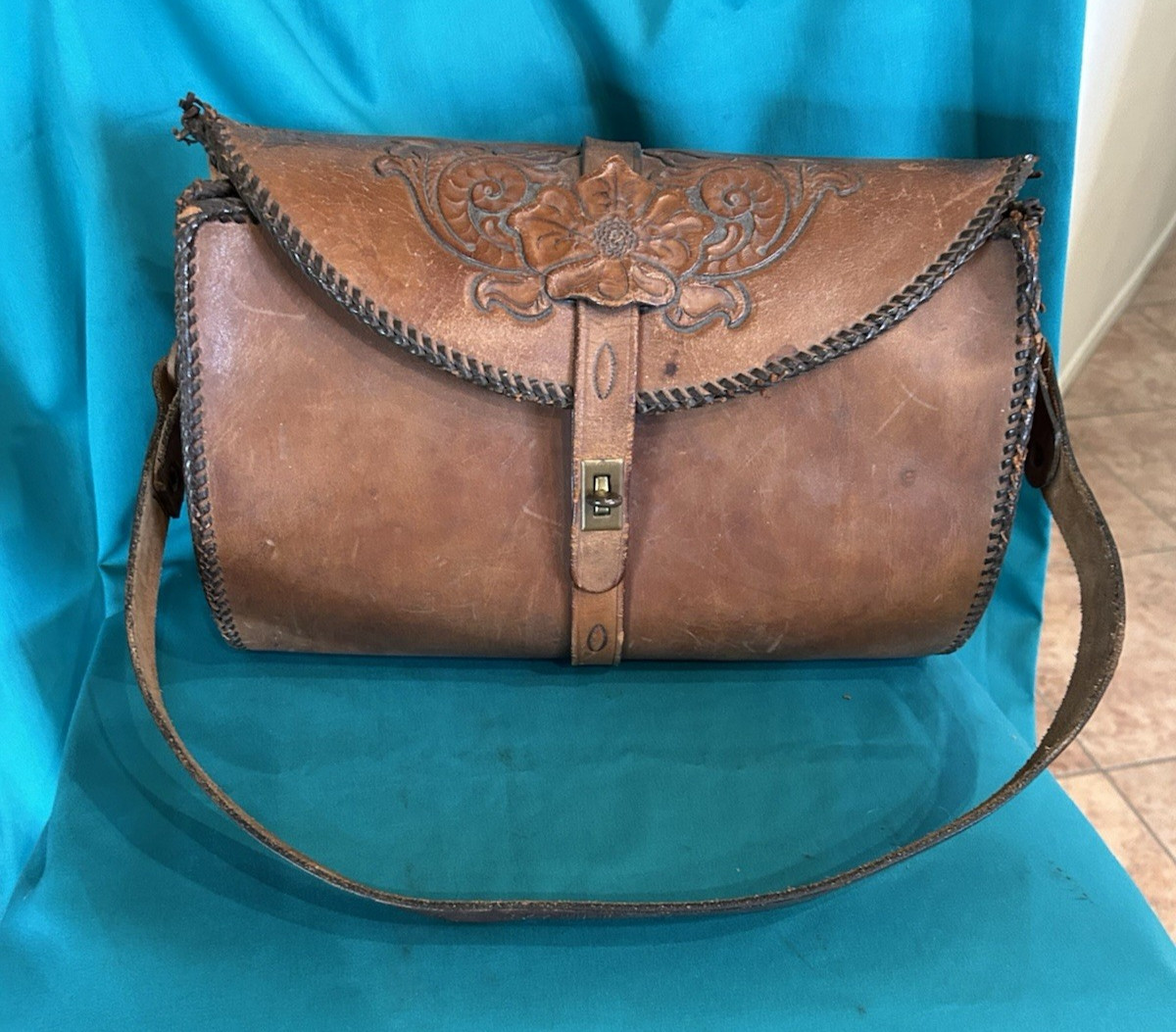 Vtg 1940s Hand Tooled Leather Western Style Travel Luggage Valise Bag X Large