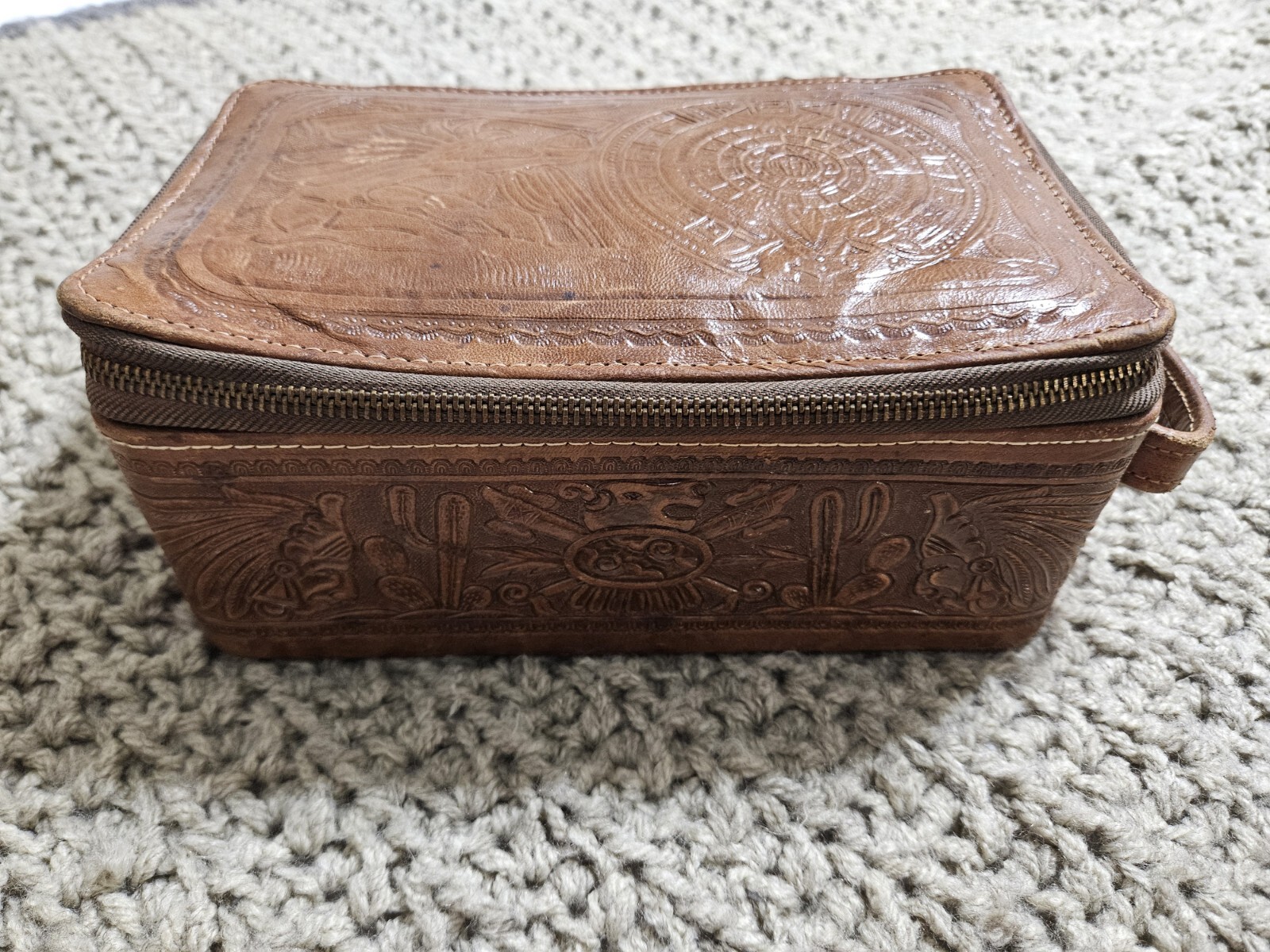 Antique Vintage 1930s Tooled Leather Toiletry Bag Great Condition Tiki Men Box