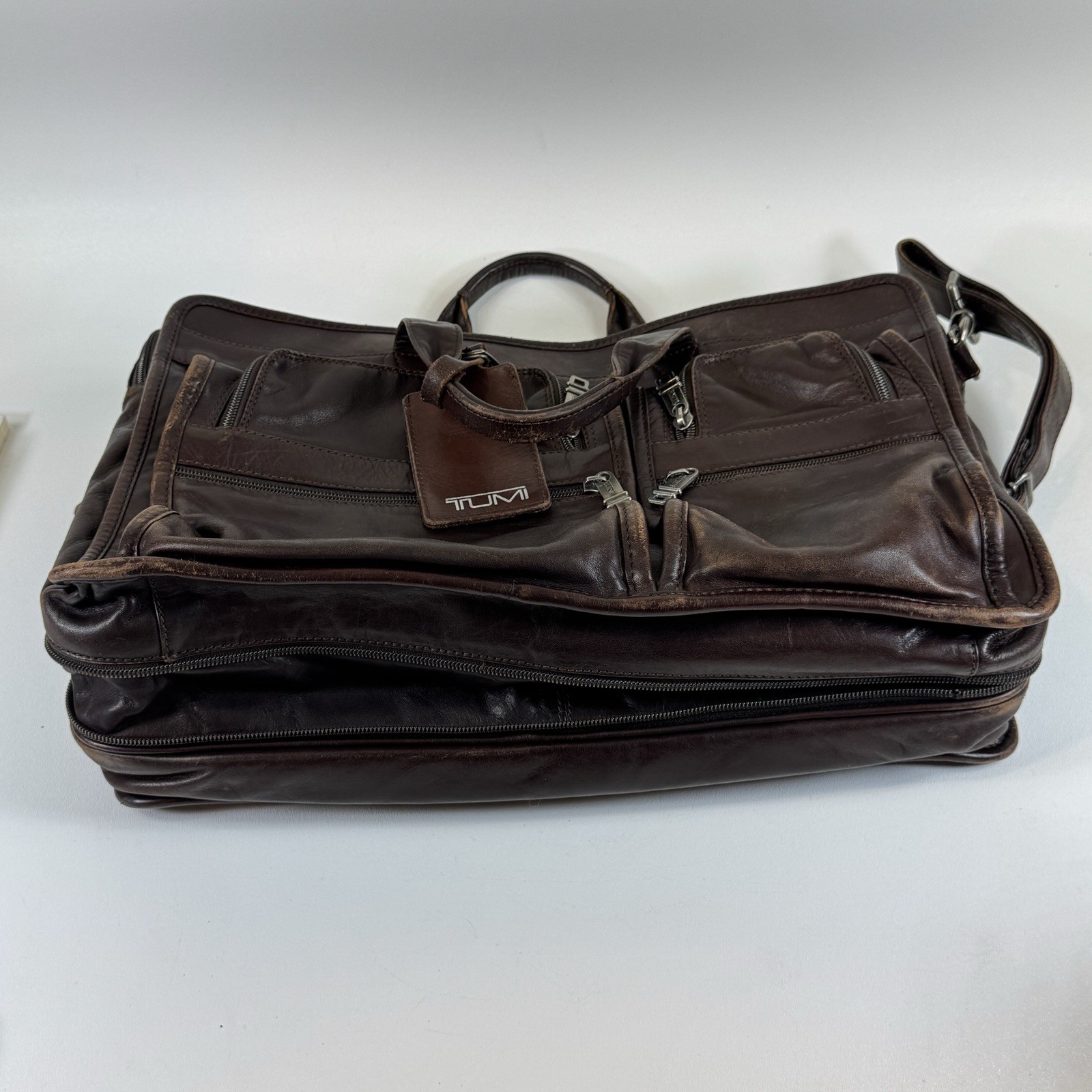 Vtg Tumi Alpha Expandable Organizer Brown Leather Laptop Briefcase w/ Strap