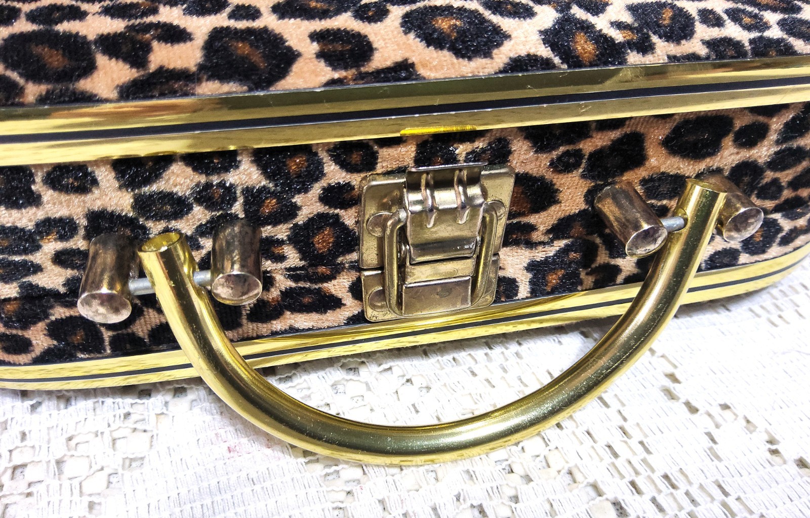 Vintage Leopard Print Jewelry Box Train Case Mid Century Modern Gold Tone Mirror