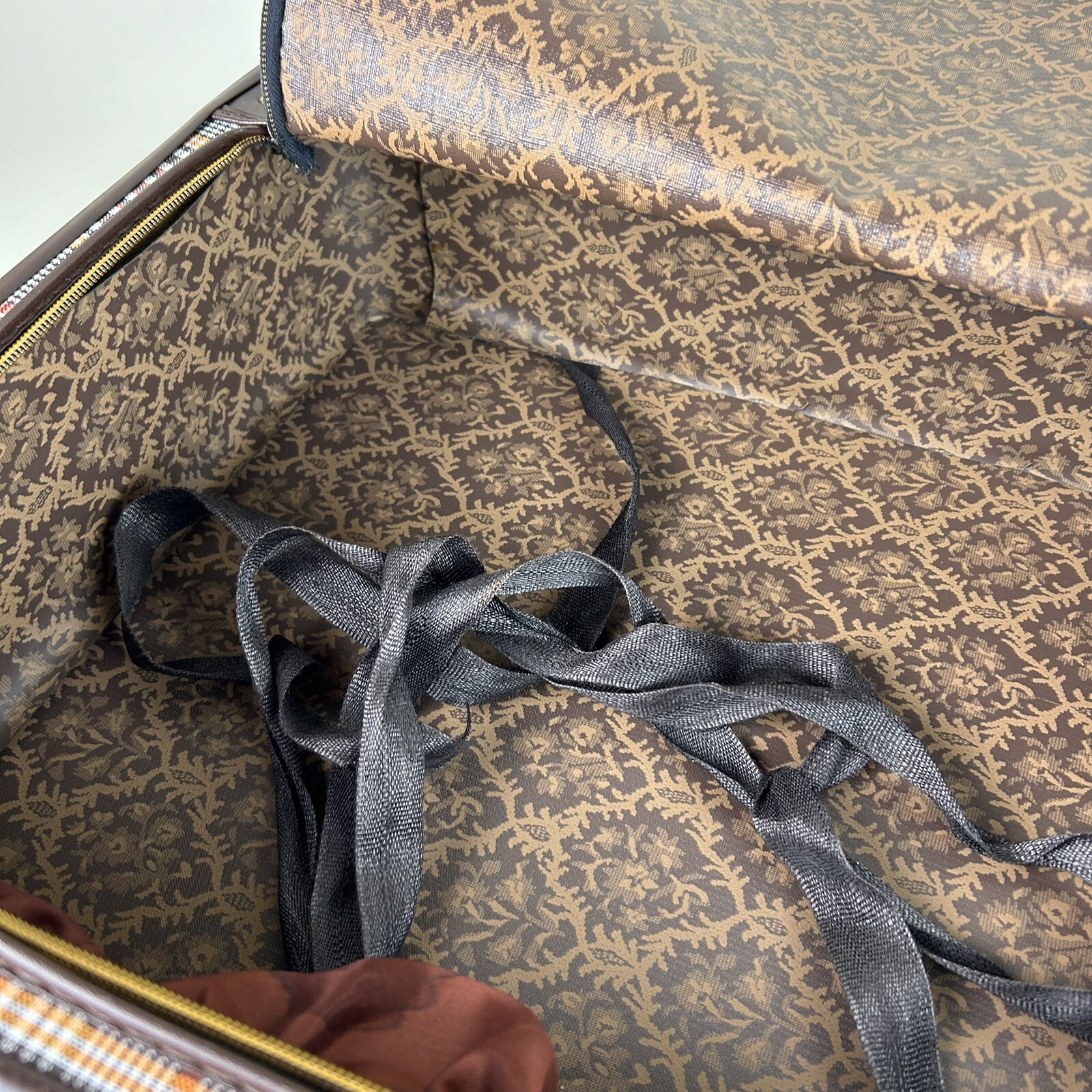 RARE Vintage Monarch Suitcase WITH KEY Faux Leather Brown Plaid Design Zipper
