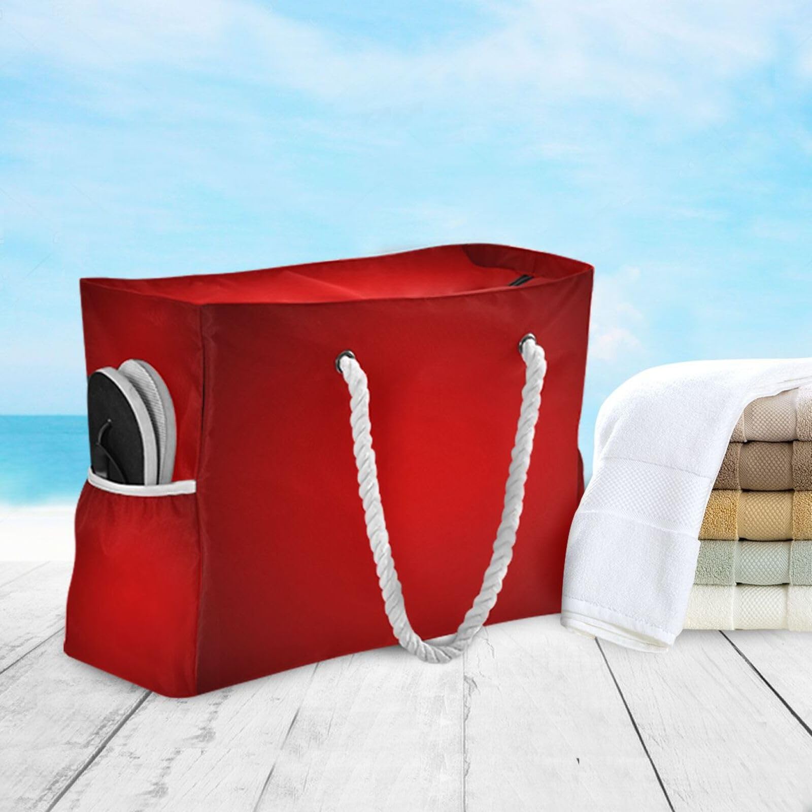 ATTX Red Large Beach Bag for Women – Zipper & Waterproof Sandproof Tote