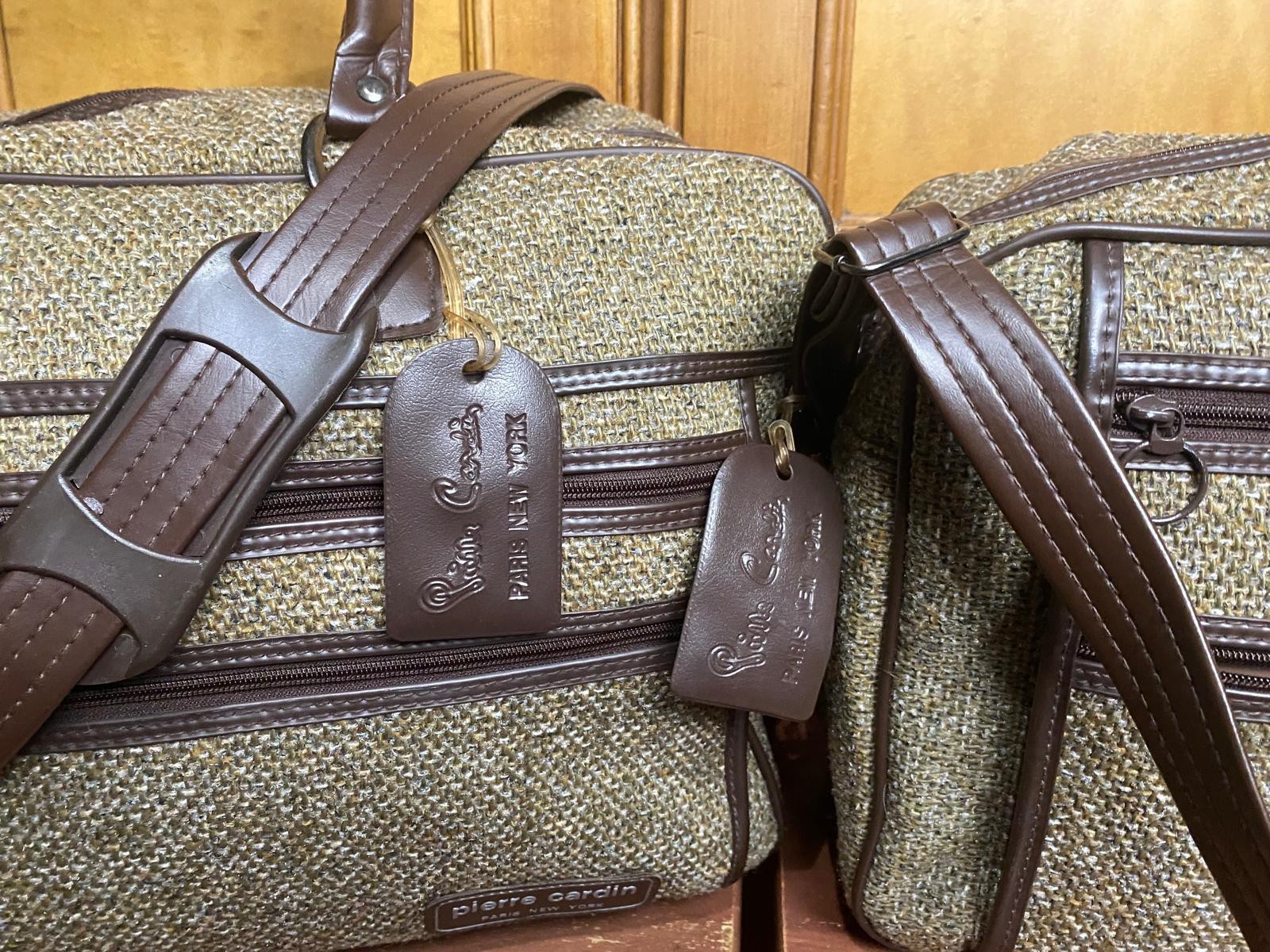 Set Of 2 Vintage 70s 80s Pierre Cardin Brown Tweed Suitcase Luggage Travel Bags