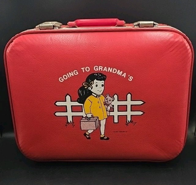 Vintage Trojan Luggage Co Going To Grandma’s Suitcase: Red & Blue Lining Damaged