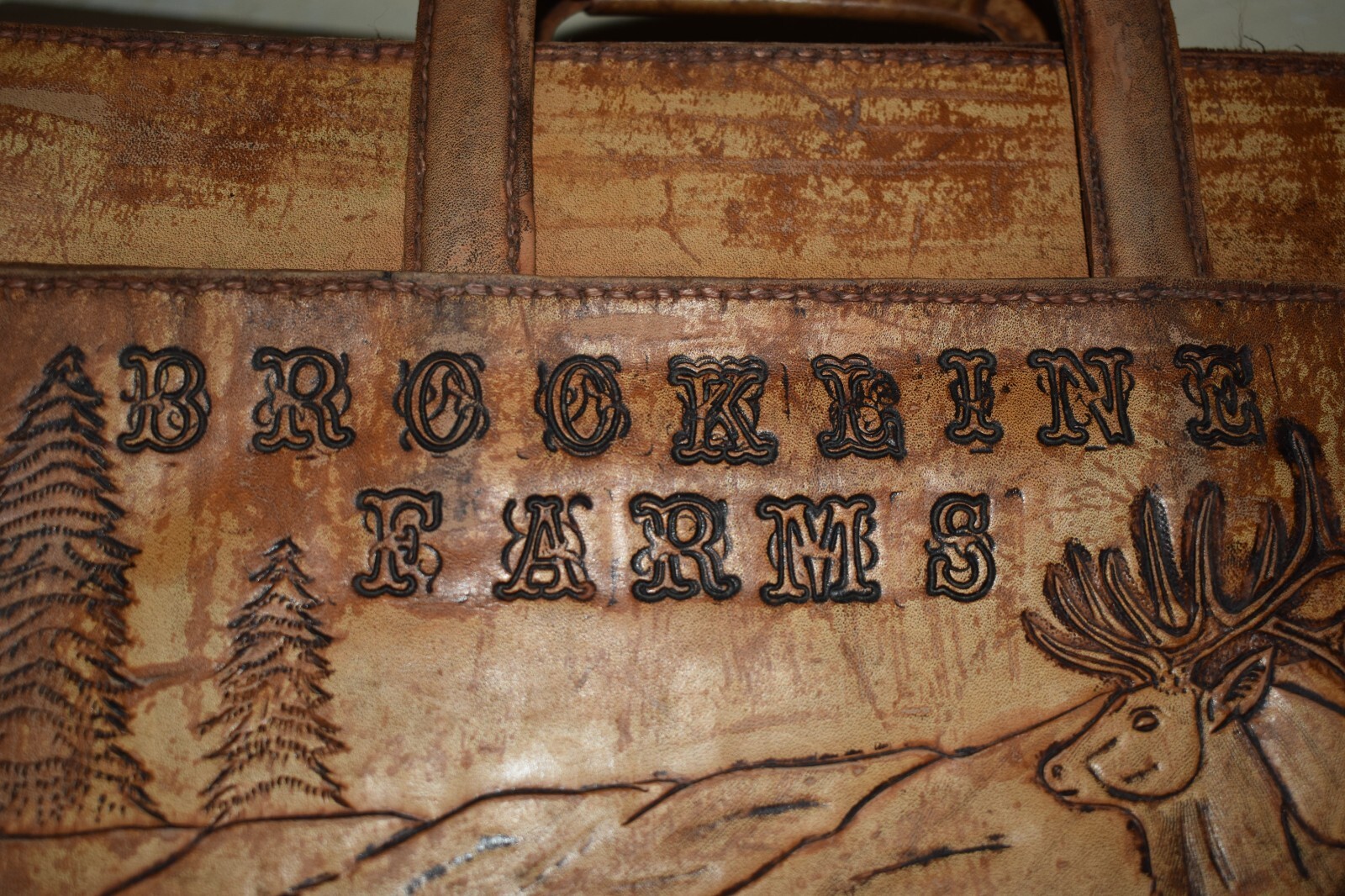 Authentic Original Hand Tooled Briefcase Brookline Farm Scene And Wildlife Scene