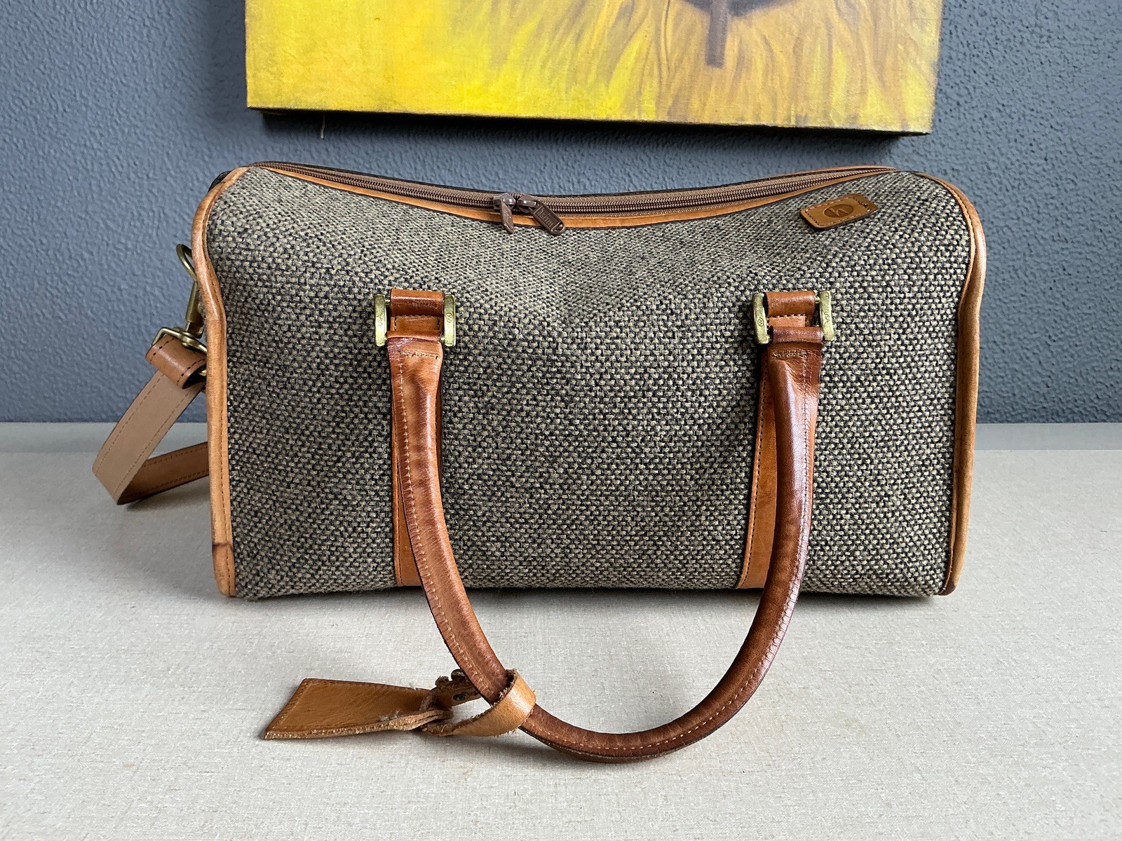 Vintage Hartmann Luggage Tweed & Leather Cosmetic Case Duffle Shoulder Bag