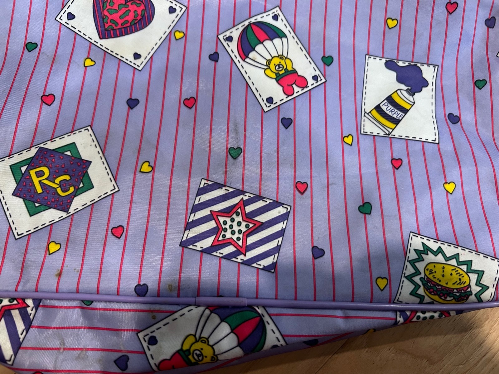 Vintage 90s Girls Travel Bags Garment Bag, Toiletry Bag Purple Stripes Bears