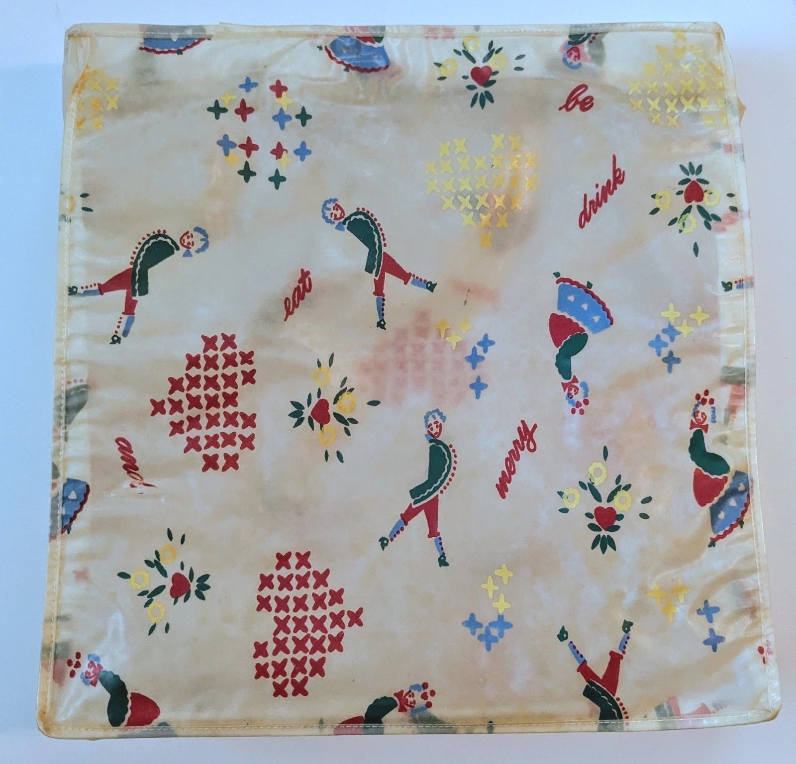 Vtg 50’s Zippered Storage Travel Bag Heavy Plastic 12″ Square Retro MCM Print
