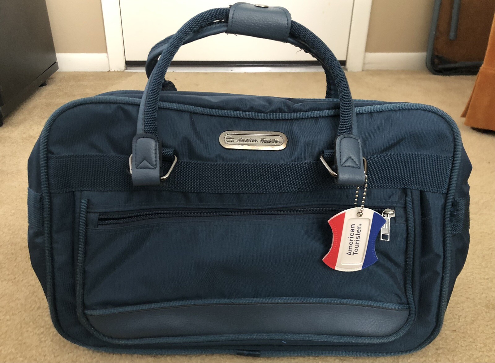 Vintage AMERICAN TOURISTER Blue Duffle Soft Canvas Carry On Suitcase Bag RARE