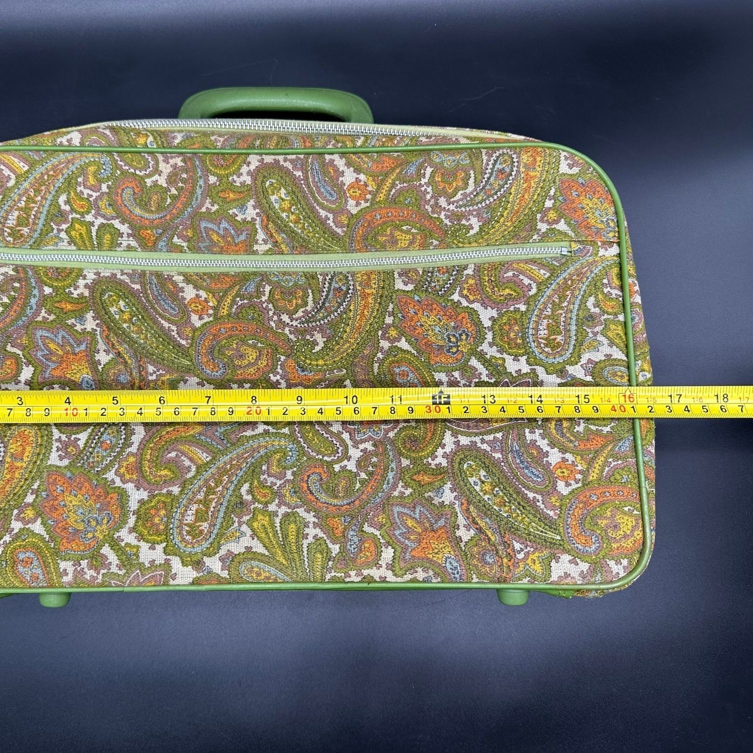 Vintage Suitcase Key Paisley Avocado Green Orange 1970s Travel Canvas Luggage