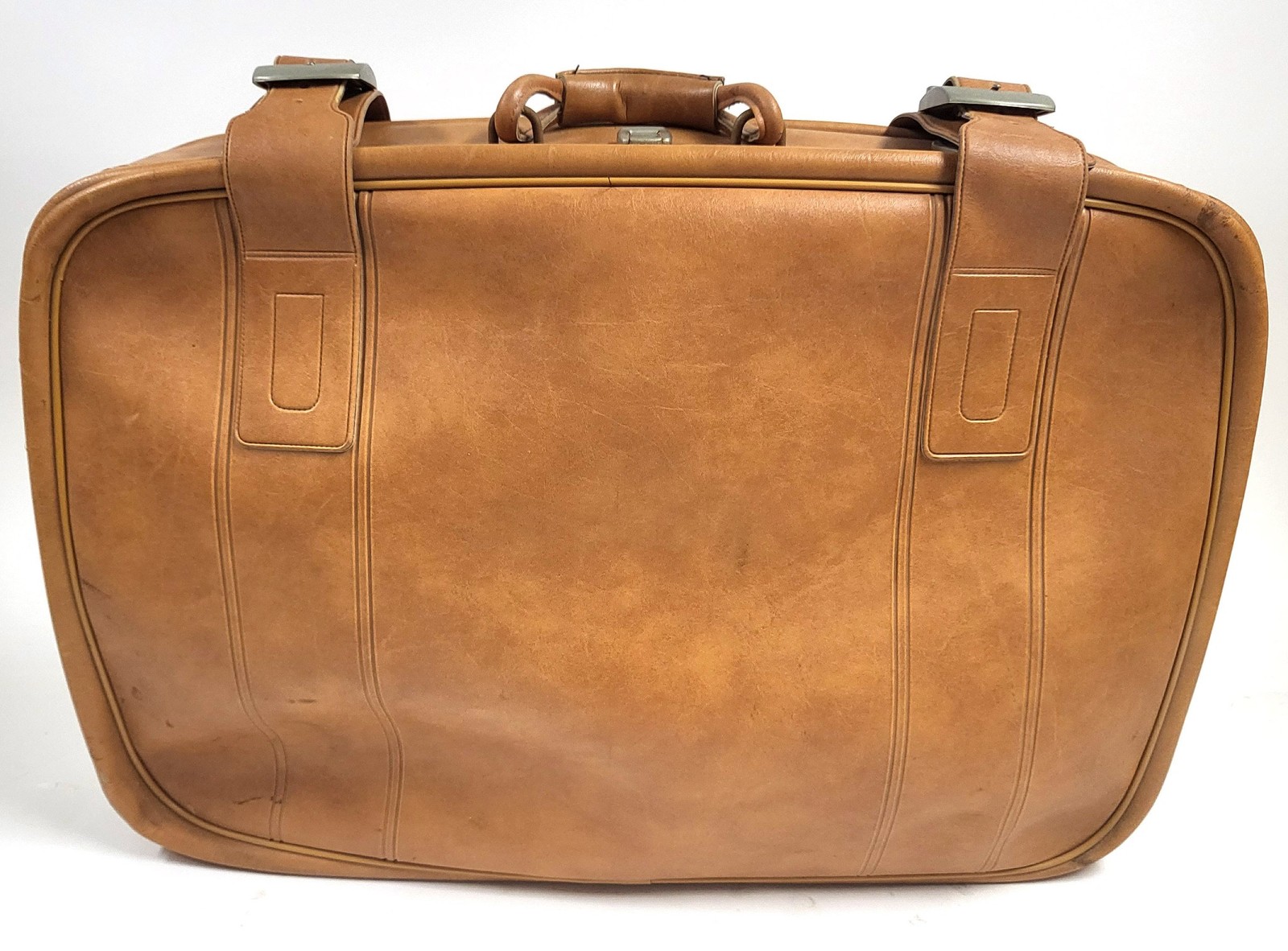 Vintage Mid-Century Faux-Leather Suitcase – Cognac 28″ Travel Case