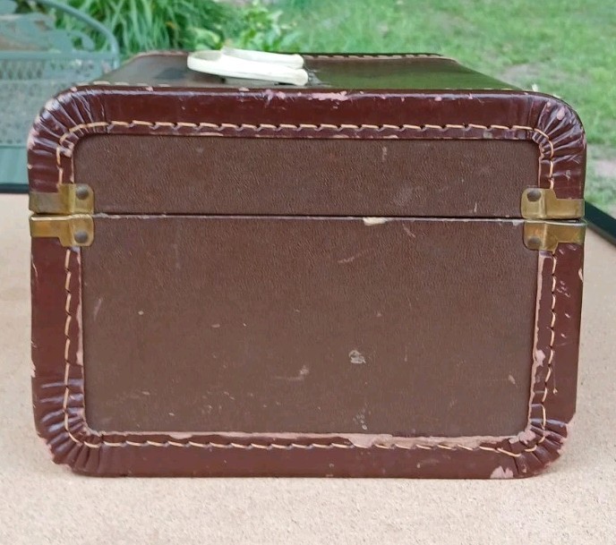 Canvas Covered Hard Brown Travel Train Case Leather Handle No Key Worn VtgDecor