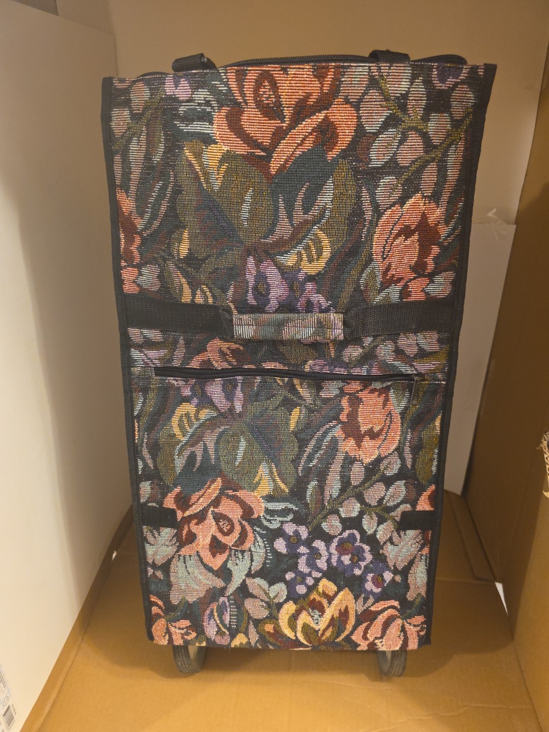 Vtg Embroidered Canvas Floral Tapestry Suitcase, Zipper Pockets, Foldable Wheels