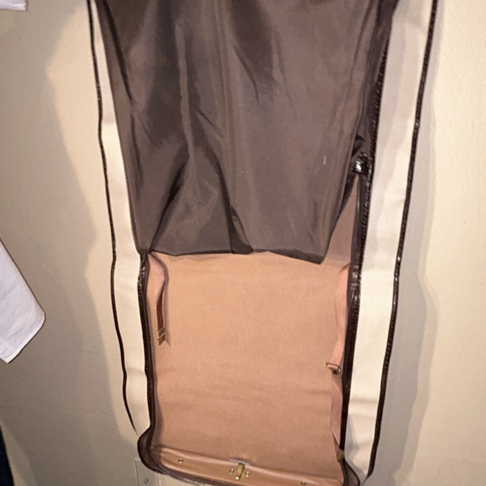 Beige & Brown Zip Garment Bag w/ Brown Trim, Hanger Hook, Handle, Strap