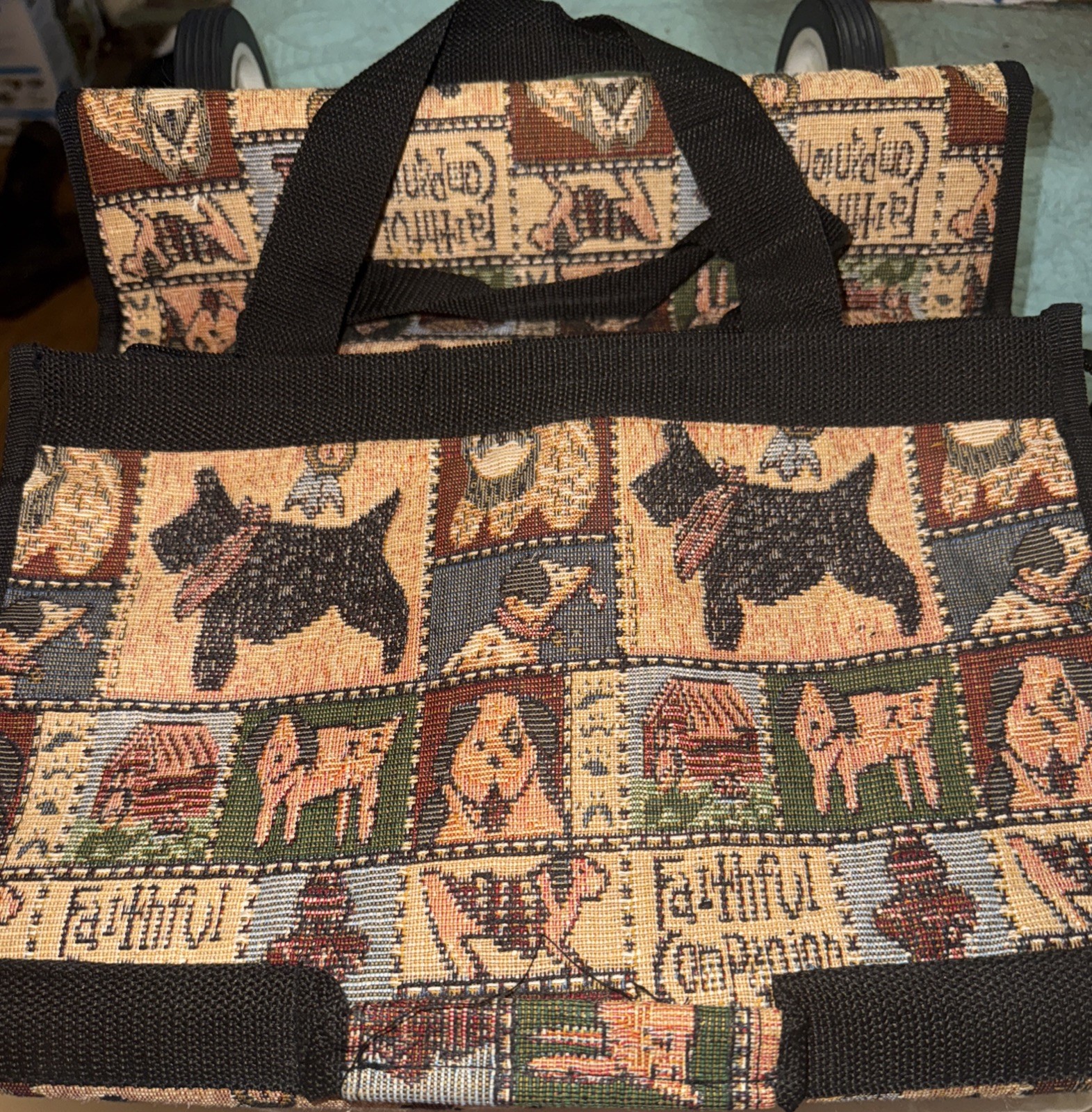 Vintage Tapestry Wheeled Collasible Rolling Luggage Craft Travel Dog Print 22×13