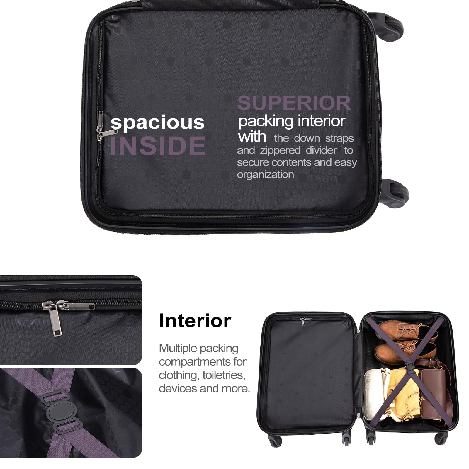 Travelhouse Hardside Luggage 20in Carry-On Spinner Suitcase Lightweight Black Un