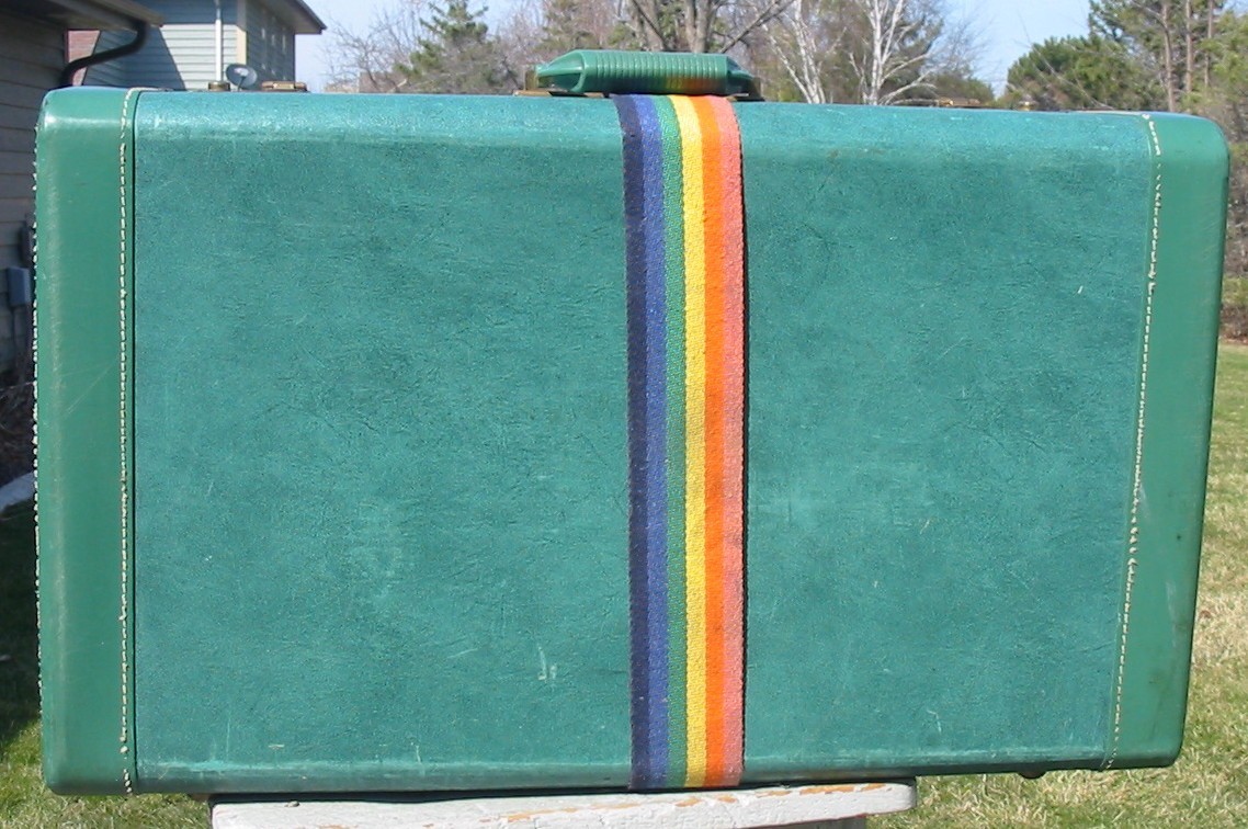 Vintage Wood Hard Shell Suitcase Crown Luggage Trunk XL Green Rainbow ID Strap