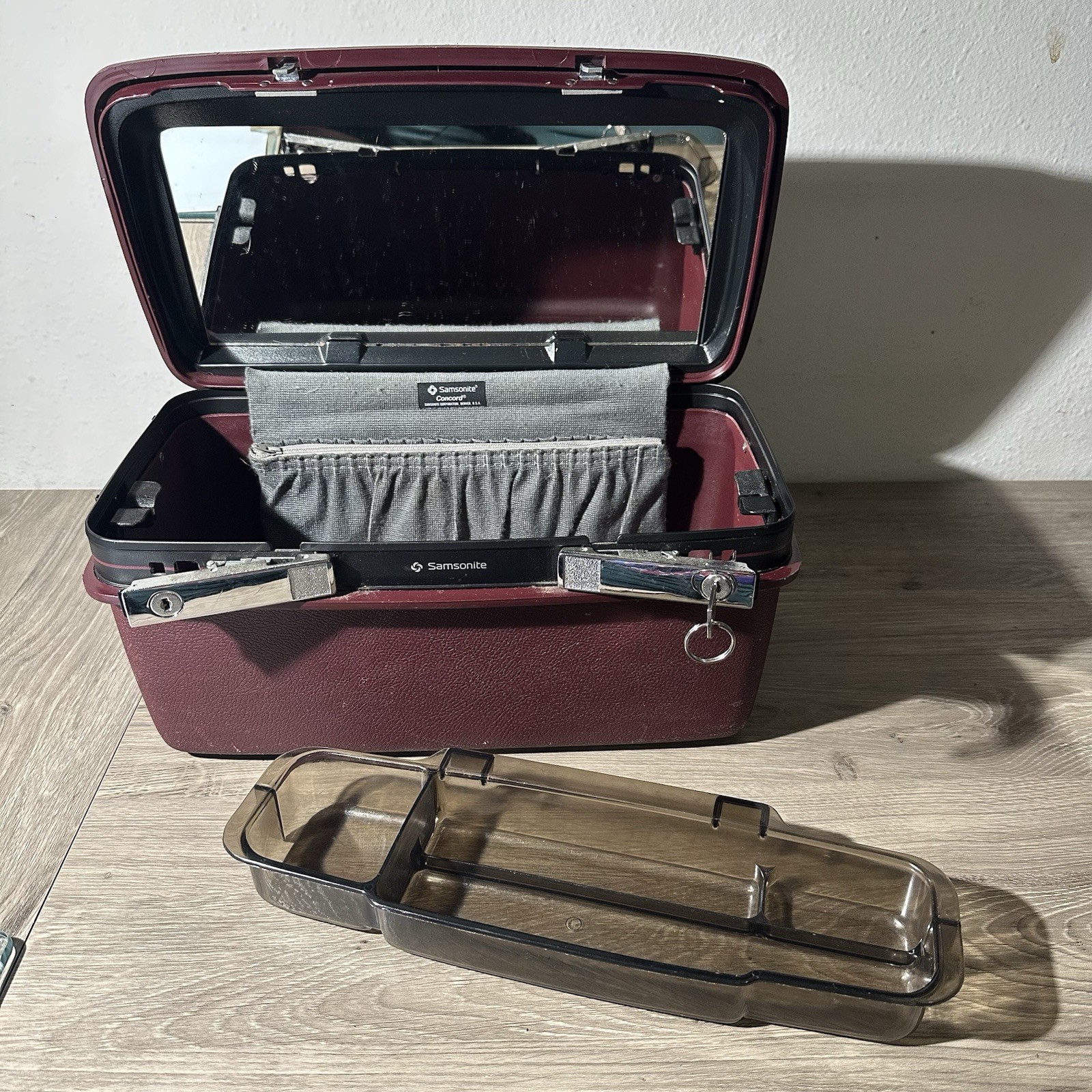 Vintage Samsonite Concord Burgundy Train Case With Mirror, Tray, And Key