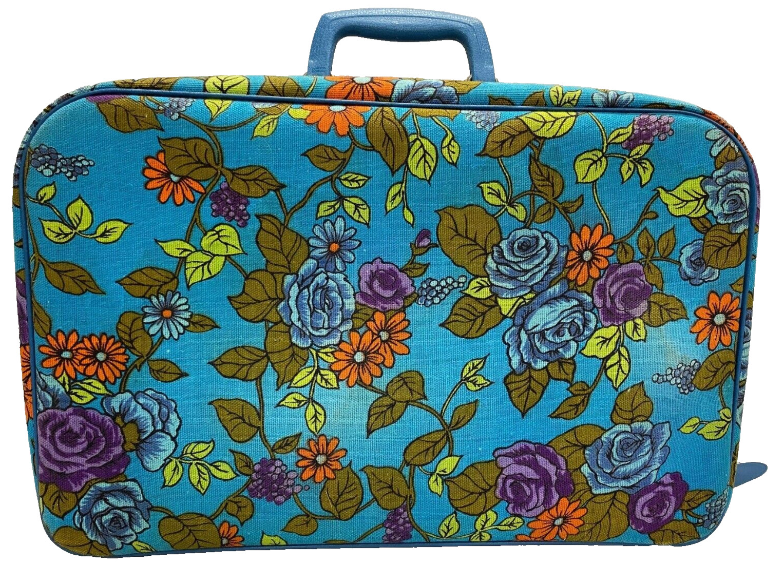 Vintage 70s Floral Bantam Soft Suitcase Blue Orange Yellow Hippie Boho Carry-on